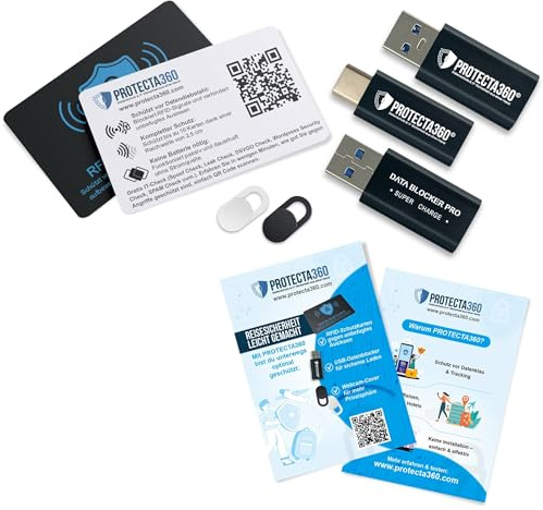 PROTECTA360 – Travel Cyber Security Kit – 7 delar (3 x USB-datablockerare, 2 x RFID-datablockerare skyddskort, 2 x webbkamerafodral) – inkl. Gratis onlinesäkerhetsverktyg