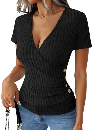 ANRABESS Womens Tops Short Sleeve V Neck Sexy Ribbed Knit Slim Fit Lightweight Sweater 2026 Summer Dressy Casual T-Shirts Black Large