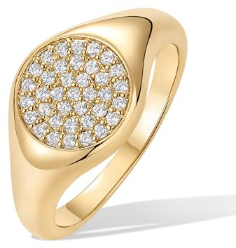 PAVOI 14K Yellow Gold Plated Signet Ring for Women | Pinky Ring with Round Cubic Zirconia | Dainty Lightweight Thin Statement Trendy Fashion Jewelry - Yellow, Size 7
