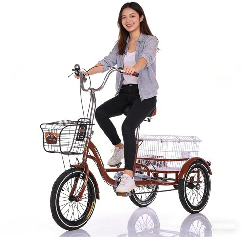 Vuxen Trehjuling Med Kundkorg/Justerbar Sits, 16 Tums Vuxen Trehjuling, Vuxen Trehjuling Seniorer, 3-Hjulig Cykel/Cruisercyklar Trehjuling, Lastkapacitet 150 Kg Brown