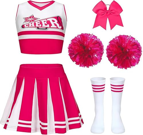 Gekyve Girls Cheerleading Costume for Kids – Cheer Uniform with Pom Poms, Socks & Hair Bow, Sleeveless Cheer Outfit for School Sports Events, Carnival, Masquerade & Halloween Dress Up
