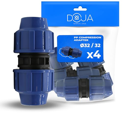 DOJA Barcelona klämkontakt för PE-rör – 32 mm x 32 mm – 4-pack – PP-koppling, PE-rörkontakt för snabb, anslutning, enkel installation, korrosionsbeständigare, rak MDPE-skruvförband