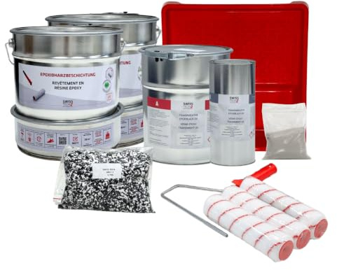 Kit de revêtement de sol en résine époxy pour 38 m² avec vernis de finition | RAL 7001 – Gris argent, 17,1 kg | Pour béton garage, sous-sol | Antidérapant, résistant aux produits chimiques | SwissTech