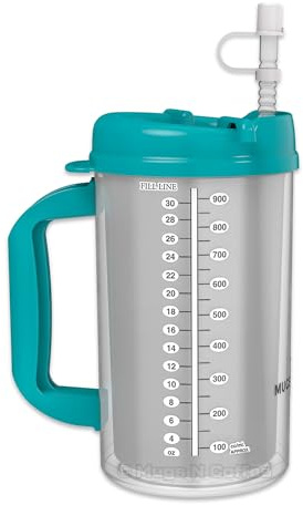 32 oz Double Wall Insulated Hospital Mug - Cold Drink Mug - Large Carry Handle - Includes Straw (1, Teal)