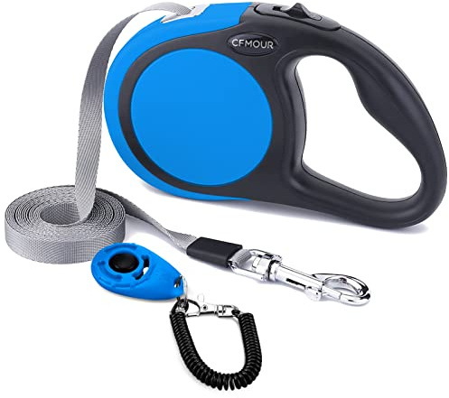 CFMOUR Correa retráctil para Perros - Correa Extensible de 5m sin enredos con clicker para Perros pequeños y medianos de hasta 20kg, Cinta de Nylon Resistente, Bloqueo de Pausa con una Mano - Azul