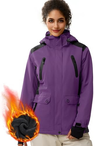 FREE SOLDIER Wasserdichte Damen-Skijacke, Fleece-gefüttert, warmer Winter-Schneemantel mit Kapuze, vollständig versiegelte Nähte (Violett, M)
