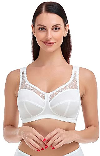 Ayigedu Ladies Plus Size Bra Minimiser Lace Bra Non-Wired Non-Padded Full Coverage Everyday Bra 38E White
