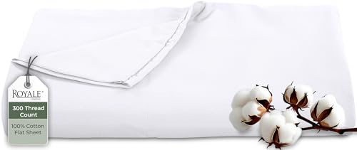 Royale Linens 300 Thread Count 100% Long Staple Combed Cotton Flat Sheet - Super Soft - Top Sheets - Queen Flat Sheet Sold Separately - Breathable, Cool & Crisp Percale Sheets Only (Queen, White)