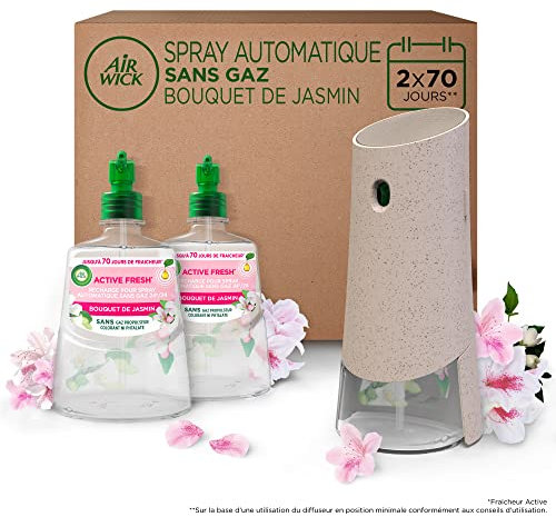 Air Wick Désodorisant Maison Spray Automatique Sans Gaz Active Fresh - 1 Diffuseur + 2 Recharges Parfum Jasmin