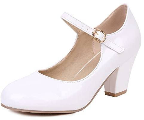 Scarpe Mary Jane da Donna con Tacco Largo, Pompe al Tallone Alto Punta Rotonda Fibbia Scarpe da Festa Moda Mjcouf Bianco Numero 33 EU