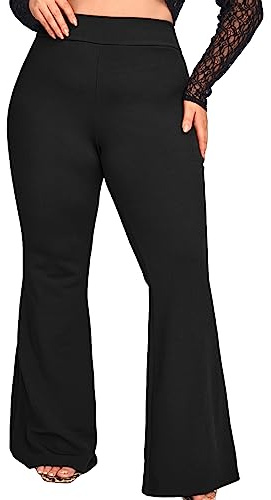 WDIRARA Women's Plus Size Elastic High Waist Flare Bell Bottom Ribbed Knit Long Pants Black 3XL