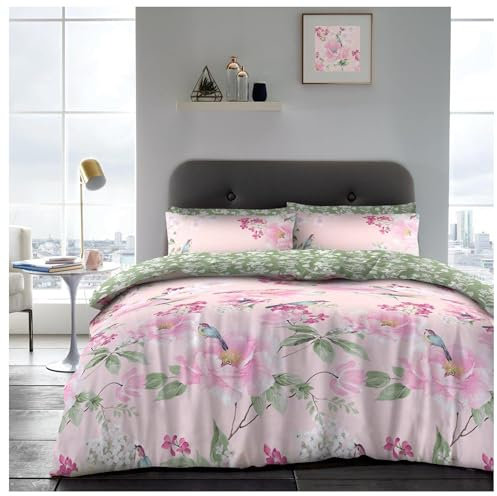 Lions Floral Bedding Set - 4 Piece King Size Bed Duvet Cover with Pillowcase Fitted Sheet, Soft Poly Cotton Reversible Quilt Covers, Pink/Green
