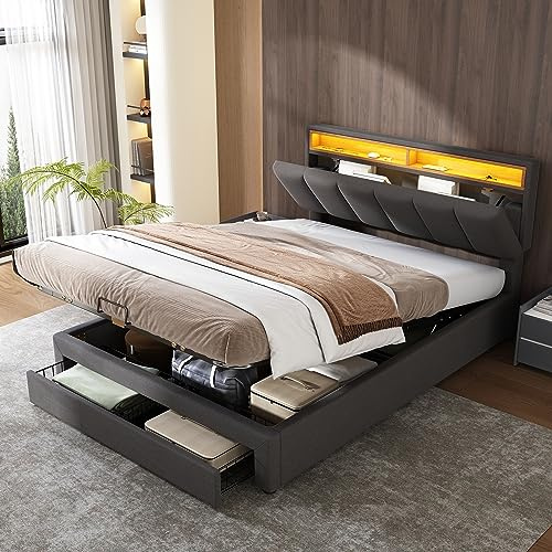 Ctastay Letto Matrimoniale 140x200 con Illuminazione LED, Testata Contenitore, Idraulico Imbottito, 2 Cassetti e Spazio di Archiviazione Sottoletto, Senza Materasso