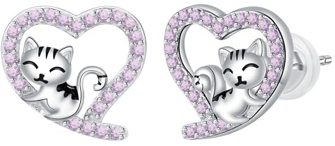 Arrebol Pendientes Gato para Mujer Plata de Ley 925, Pendientes Corazón Para Mujeres Niñas Amigo Joyas Originales Regalos