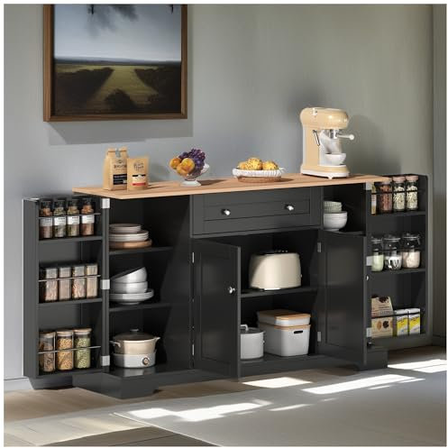 Wyibwy Buffet de cocina multifuncional, 138 x 40 x 85 cm, con cajones, puertas y estantes ajustables con protección antivuelco, aparador, armarios de cocina, negro+madera