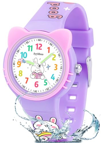 Ayybboo Montre Enfant Garçon Fille,Montre Éducative Analogique pour Apprendre l’Heure,3ATM Étanche,12/24 Heures,Bracelet en Silicone Doux,Facile à Lire pour 4 à 12 Ans (Lavande)