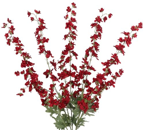 INSUNSIX Dark Red Delphinium Artificial Flowers 5PCS Artificial Red Flowers Larkspur Silk Flowers 42.5 Long Stem Artificial Flowers for Tall Vase for Wedding Centerpieces for Home Decor (Dull Red)