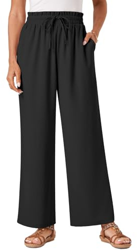 Glacspyg Damas Pantalones Casuales Flowy Pierna Ancha Ocio Pantalones de Cintura Alta Cordón Palazzo con Bolsillos Negro 2XL