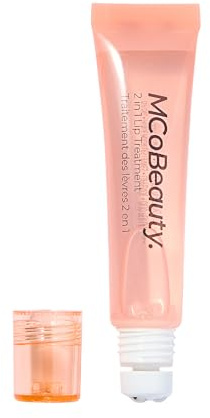 MCoBeauty - Glow and Treat 2-in-1 Lip Treatment - Peach Scent - Moisturising Lip Oil with Squalane and Roller Ball Applicator - Glossy Shine Finish - Holiday Essentials - 10ml