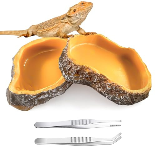 xuefenfei 2 Pezzi Ciotole per Acqua e Cibo per Rettili, Teca per Rettili Bacino con 2 Pinzette in Acciaio Inossidabile, Ciotola per Acqua e Mangime per Tartarughe Geco Serpente (Giallo)