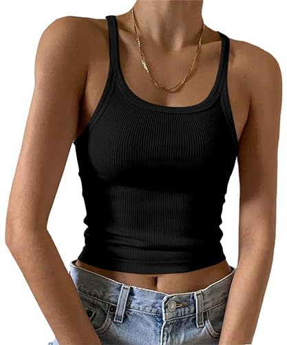 DUOEASE Debardeur Femme Chic et élégant Col en U Crop Top Femme Basique côtelé Haut Femme ete