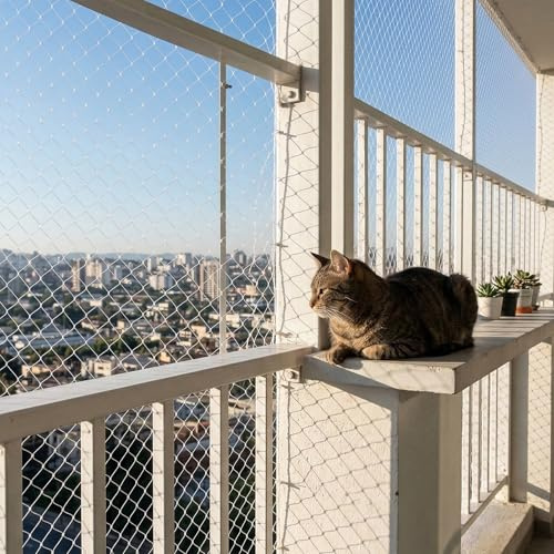 FAREASTSHOP Rete per Gatti, Balcone, Senza Forare, 10 x 3 m, Rete Trasparente per Gatti, Protezione per Uccelli, con Corda Fissa e Accessori, per Balconi, Scale, Terrazze e Finestre (Bianco)