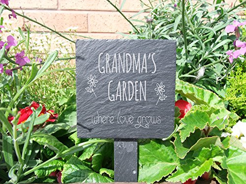 The Slate Range, Grandma Garden Sign, Gardening Presents Grandma's Garden Where Love Grows an Unforgettable Present, Wording Laser Etched on Natural Slate 10 x 10 Centimetre