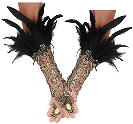 keland Damen Schwarz Feder Spitze Fingerlose Lange Handschuhe für Hochzeit Halloween Maleficent Kostüm (Schwarz und Gold)