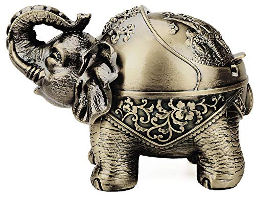 LAUYOO Metal Elephant Ashtray with Lid Windproof Ashtrays Outdoor, Indoor Ashtray for Weed, Vintage Practical Decoration Ash trays for Cigarettes Great Gift for Men Women-Bronze