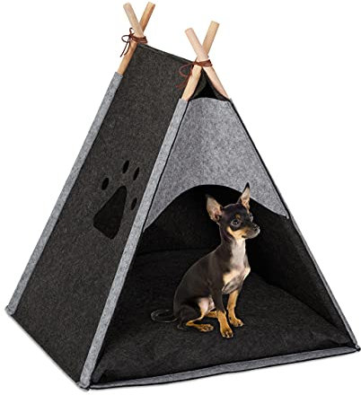 Relaxdays Hundezelt, Haustiertipi für kleine Hunde & Katzen, Filz & Holz, mit Kissen, 70,5 x 59,5 x 59 cm, dunkelgrau