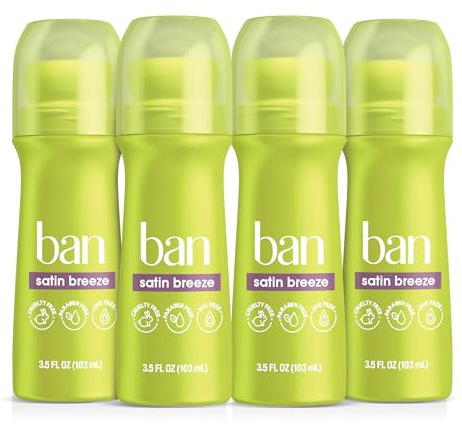 Ban Invisible Roll-on Antiperspirant Deodorant for Women and Men, 24-hour Underarm Odor & Sweat Protection, Satin Breeze, 3.5 Oz, Pack of 4
