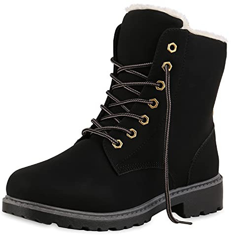 VAN HILL Warm Gefütterte Worker Boots Damen Outdoor Stiefeletten Robust 124552 Schwarz 36