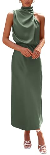 PRETTYGARDEN Women's 2025 Summer Satin Dress Elegant Sleeveless Mock Neck Cocktail Party Maxi Dresses (Army Green,Medium)