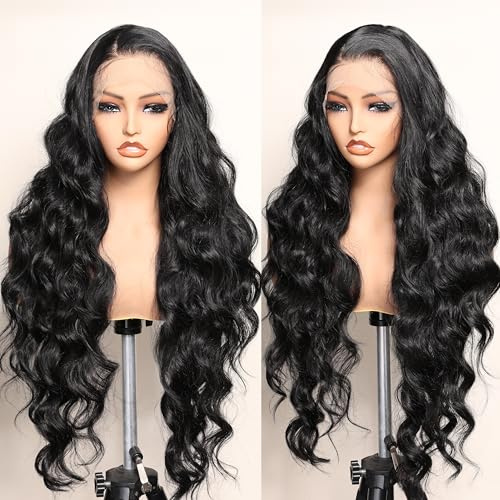 SOKU Black 13x6 Lace Frontal Wig 32 Inches Long Lightweight Body Wave Pre Plucked Hairline with Baby Hair Transparent Swiss Lace Heat Resistant Synthetic Hair Glueless Lace Front Wigs for Black Women