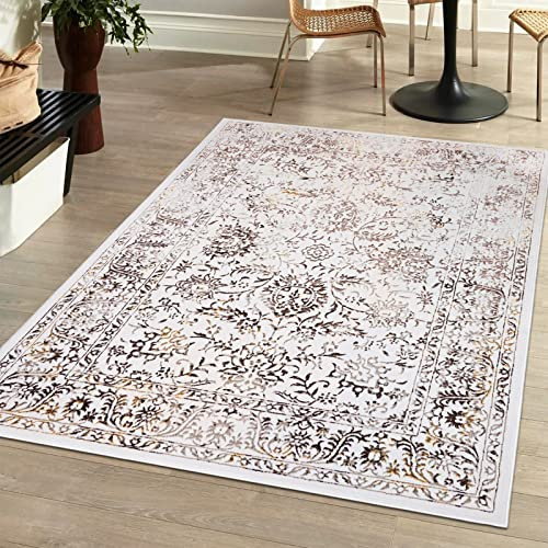 Mazovia Alfombra Oriental - Diseño Oriental de Salón Grande - Pelo Corto - Alfombras de Habitación de Matrimonio, Dormitorio y Comedor - Motivo Oriente Vintage - Crema Beige con Oro 160x230 cm