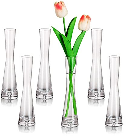 Glasseam Blumenvase Modern Glasvasen Schmal: 6er 24.5cm Hoch Blomus Vase Glas Set Handmade Schmale Vasen Wohnzimmer Esstisch Tischdeko Tulpenvase Dekovase für Pampasgras Tulpen Rose Hochzeit Deko