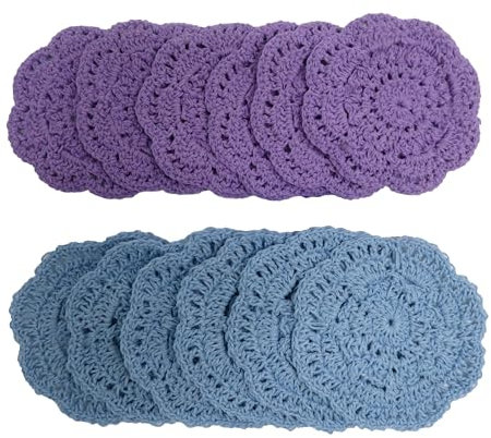 Ouyatoyu Deckchen aus Stoff, Spitze, klein, gehäkelt, rund, handgefertigt, Baumwolle, Platzsets für Tassen, Untersetzer, Gläser, kleine Deckchen, Stoff, 10,2 cm, 12 Stück (6 Stück blau + 6 Stück lila)