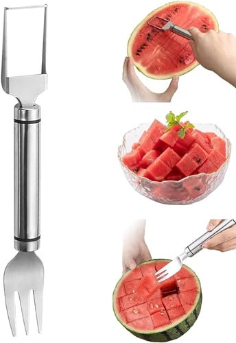 2-in-1 Wassermelonen Gabel Schneider Mehrzweck Obstgabel Edelstahl Melonenschneider Würfel Tragbare Fruchtgabeln Watermelon Cutter für Zuhause Küche Party Camping Gadget (A,1)