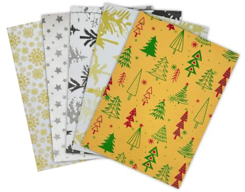 Lot de 25 feuilles de papier de soie de Noël pour emballage cadeau - Motif festif - 5 motifs différents - 50 x 35 cm - Décoration de fête de Noël