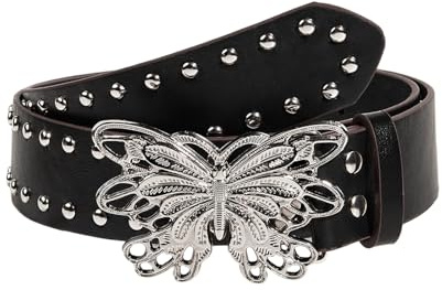 CWCYYDSYY Ceinture à rivets cloutés avec boucle papillon pour femmes, noir, Large