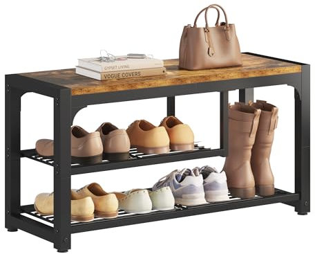 HOMEFORT Shoe Bench,3 Tiers Shoe Rack Bench,31.5 Shoe Storage Bench for Entryway, Retro Industrial Entry Bench with Mesh Shelves and Boot Storage,for Front Door Entrance, Rustic Brown