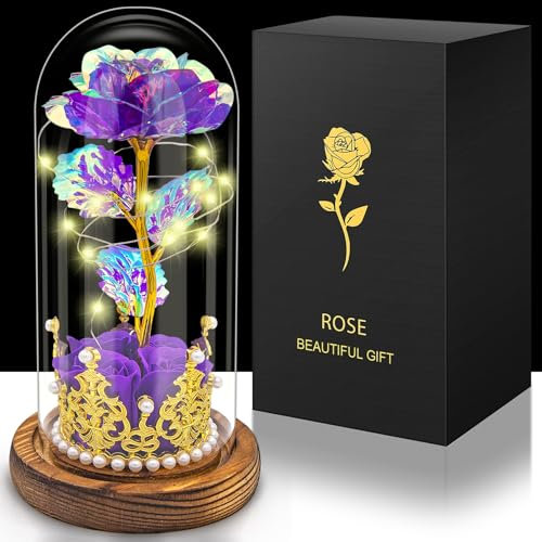Hemiro Rosa eterna en cristal, regalo para el día de la madre para mamá, rosa en cristal con LED en una cúpula de cristal, regalos para mujeres, mamá, abuela, novia (morado)