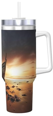 Borraccia termica a doppia parete in acciaio inox, con manico e coperchio con cannuccia