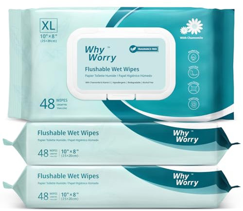 WhyWorry Flushable Wipes for Adults, Extra Large 20x25 cm Flushable Toilet Wipes with Chamomile & Vitamin E, Moist Toilet Tissue, 100% Plant-Based, Septic & Sewer Safe, Unscented, Multipack 144 Count