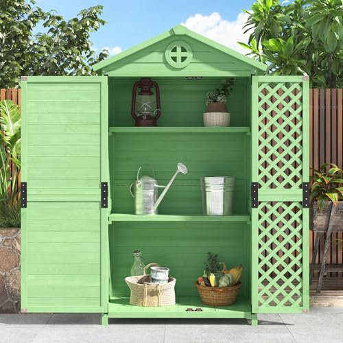 Zepneiy Abri de Jardin avec Toit Triangulaire, Cabane de Jardin avec 3 étagères, Coffre de Jardin, Armoire Outils de Jardinage, 90x56,5x175,3cm Vert