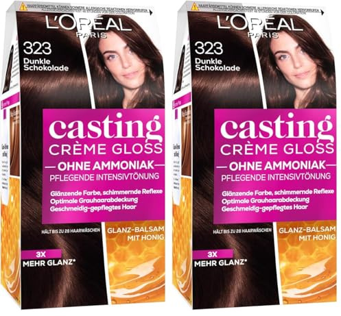 L'Oréal Paris Coloration ohne Ammoniak und ohne Silikone, Pflegende Intensivtönung mit Glanz-Reflex-Balsam, Casting Crème Gloss Haarfarbe, Nr. 323 Dunkle Schokolade (Braun), 1 Stück (Packung mit 2)