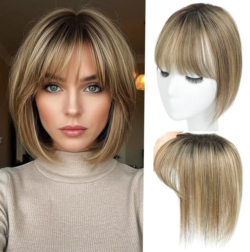 Lagomance Hårtoppar med tunnande hår, 100 % äkta människohår, toppers för kvinnor, 3D-täckning, clip-in lugg, 25,4 cm, mellanbrun mix blond med mörkbrun rot-topper 120 % densitet