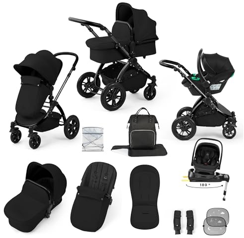 Ickle Bubba Luxe 3in1 Travel System, Nimbus Car Seat (Black/Midnight/Black) | Baby Pram with Carrycot, Birth to 22kg, I-size car seat, 12 pc, Convertible baby stroller with Rain Cover and Accessories