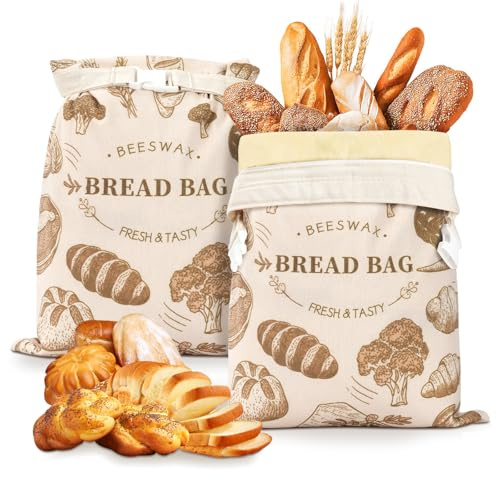 MAIJIAJU Bolsas de pan de cera de abejas, 2 unidades, reutilizables, de lino, para guardar el pan con cierre de cremallera, para mantener frescos el pan y los productos horneados, 43 x 33 cm