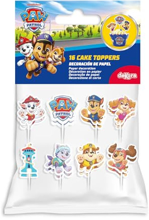 dekora, Cake Toppers Patrulla Canina, Kit para Decorar Cupcakes y Tartas, Ideal para Fiestas de Cumpleaños Infantiles, 8 Modelos, 16 Unidades de Papel